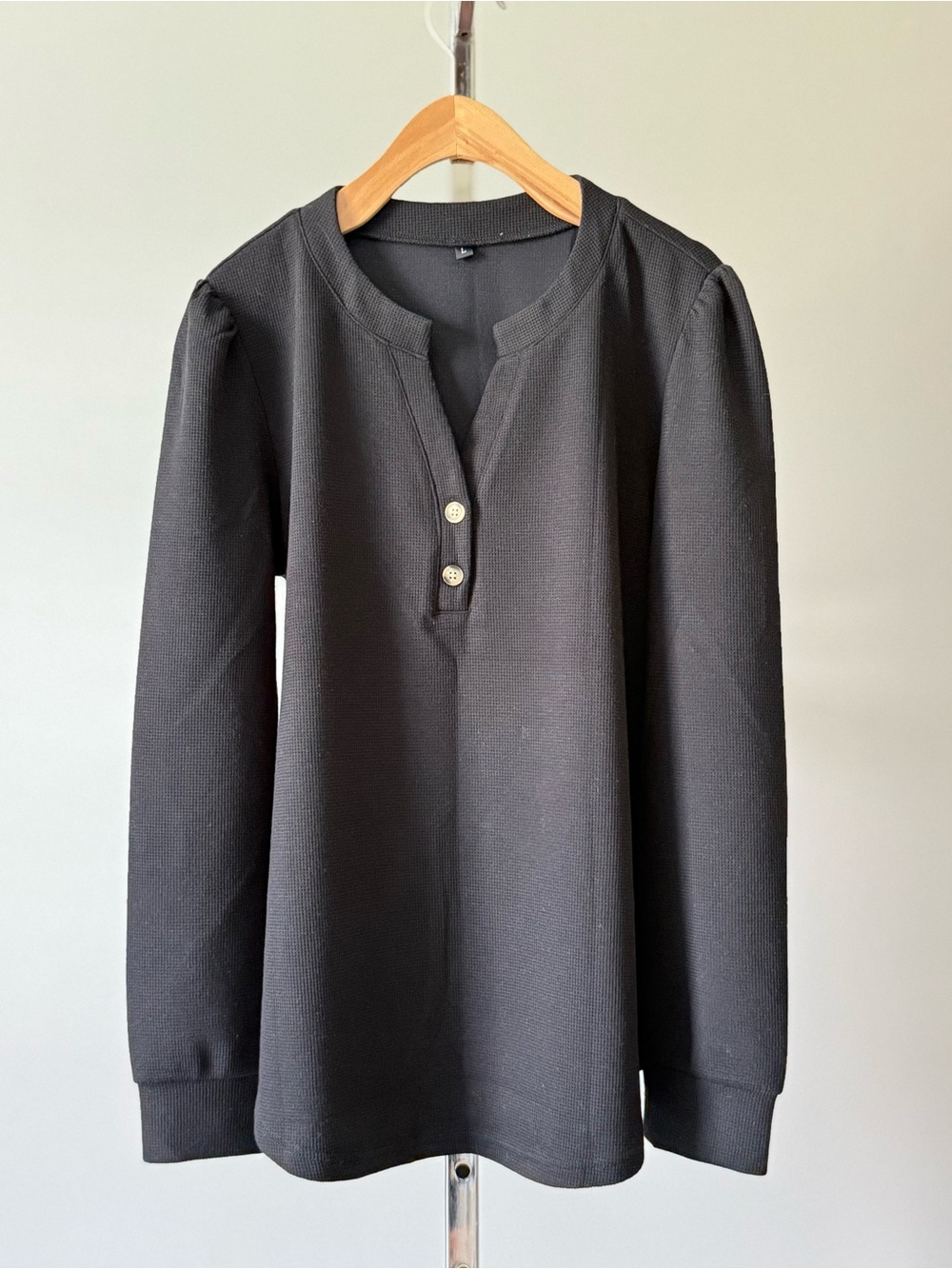 TL0037 Black Waffle Knit Henley Puff Sleeve Top Blouse Cozy Fall Shirt Large L